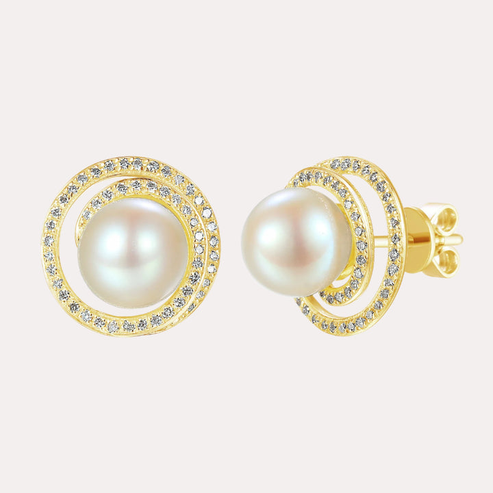 Round Pearl Pavé Swirl Halo Earrings In 18K Gold