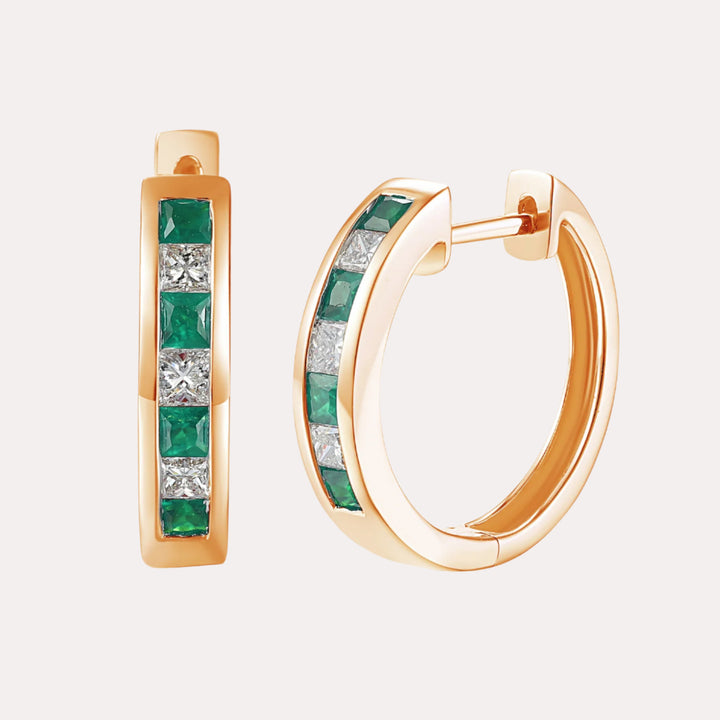Channel Set Princess Emerald & Diamond Huggies In 18K Gold