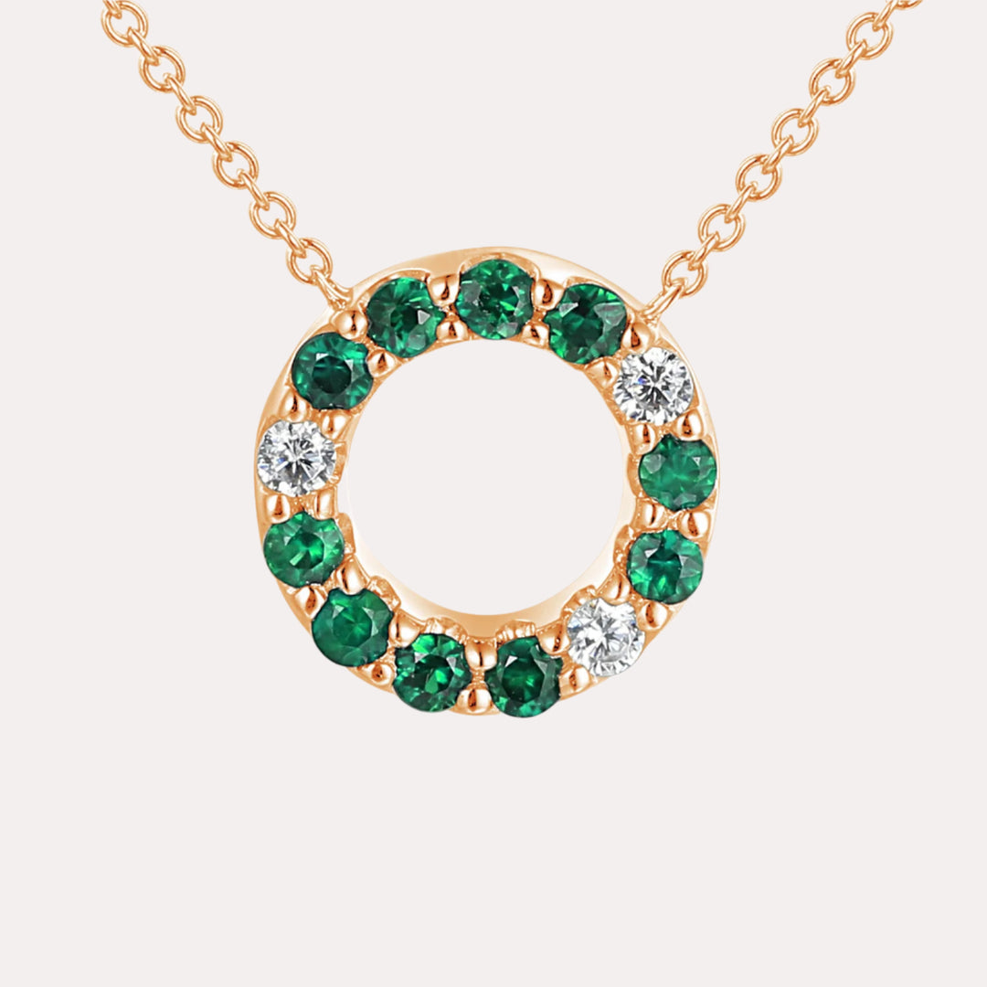 Emerald & Diamond Circle Necklace In 18K Gold