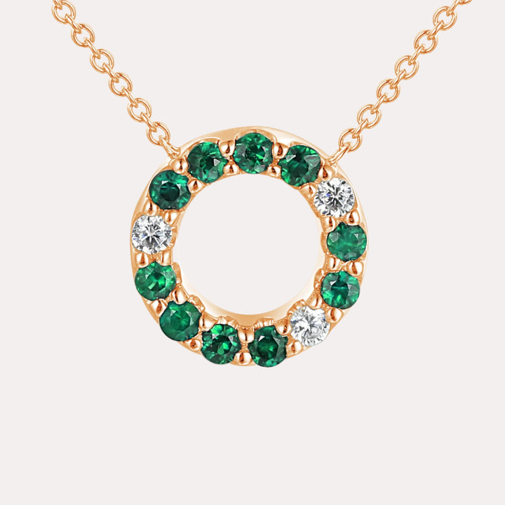 Emerald & Diamond Circle Necklace In 18K Gold