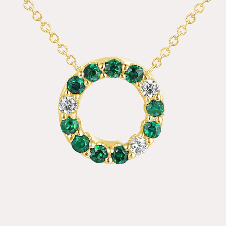 Emerald & Diamond Circle Necklace In 18K Gold
