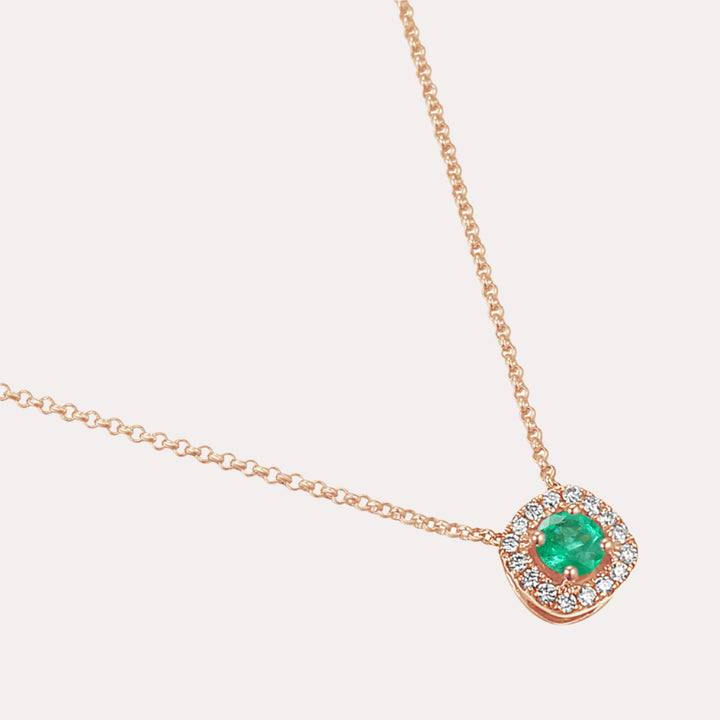 Round Emerald & Diamond Cushion Shape Halo Pendant Necklace In 18K Gold