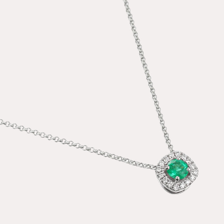 Round Emerald & Diamond Cushion Shape Halo Pendant Necklace In 18K Gold