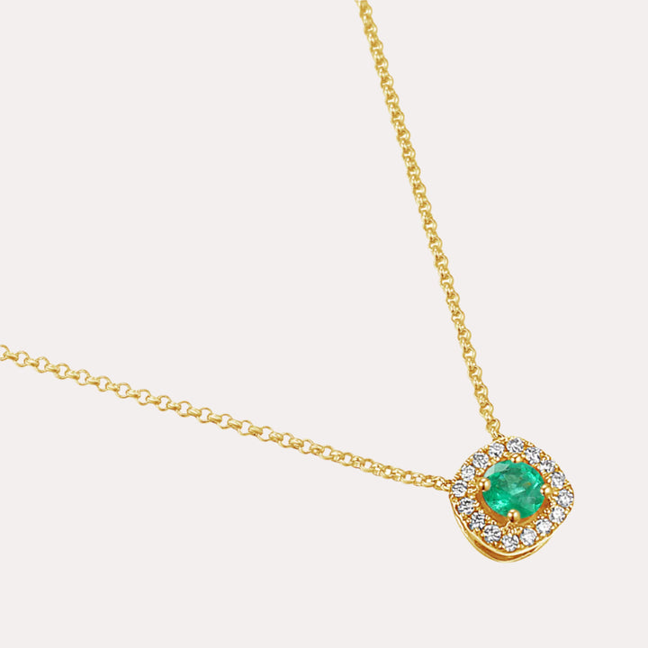 Round Emerald & Diamond Cushion Shape Halo Pendant Necklace In 18K Gold