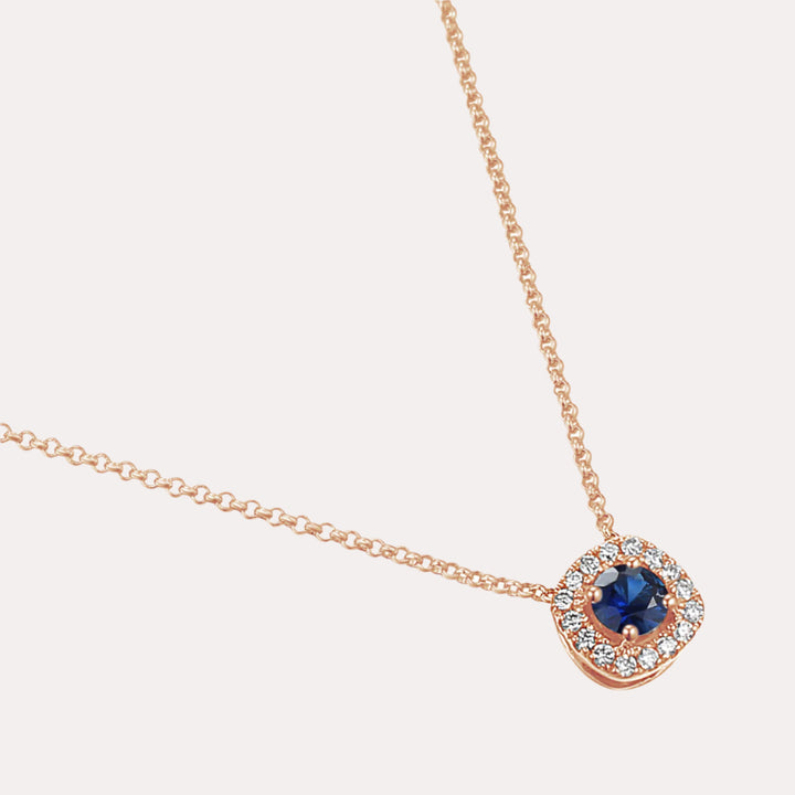 Round Blue Sapphire & Diamond Cushion Shape Halo Pendant Necklace In 18K Gold