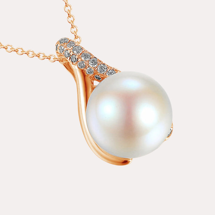 Round Pearl With Diamond Trefoil Drop Pendant Necklace In 18K Gold