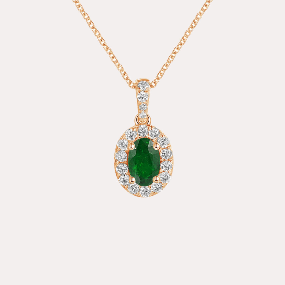 Oval Emerald & Diamond Halo Pendant Necklace In 18K Gold