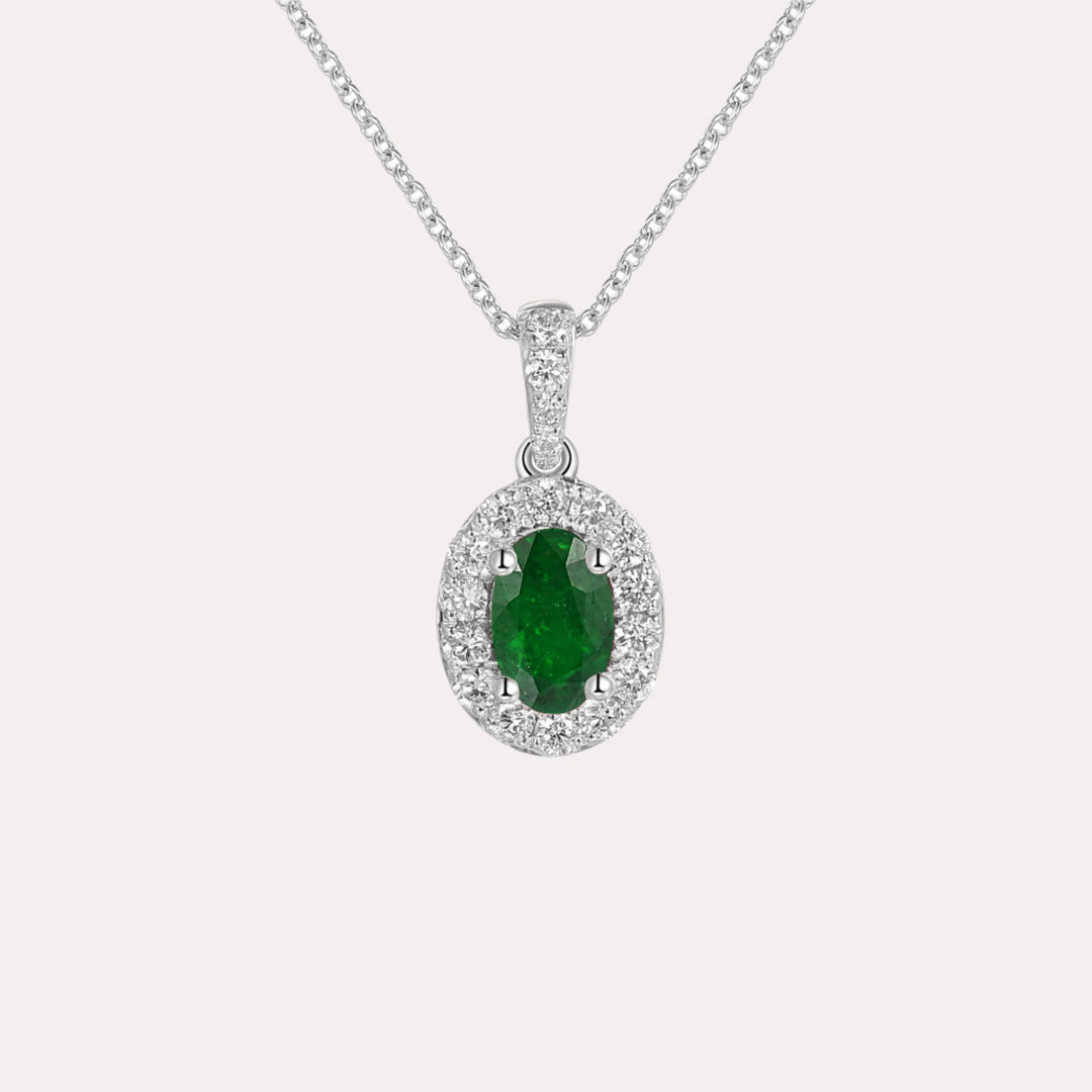 Oval Emerald & Diamond Halo Pendant Necklace In 18K Gold