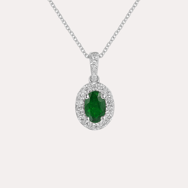 Oval Emerald & Diamond Halo Pendant Necklace In 18K Gold