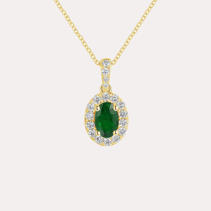 Oval Emerald & Diamond Halo Pendant Necklace In 18K Gold
