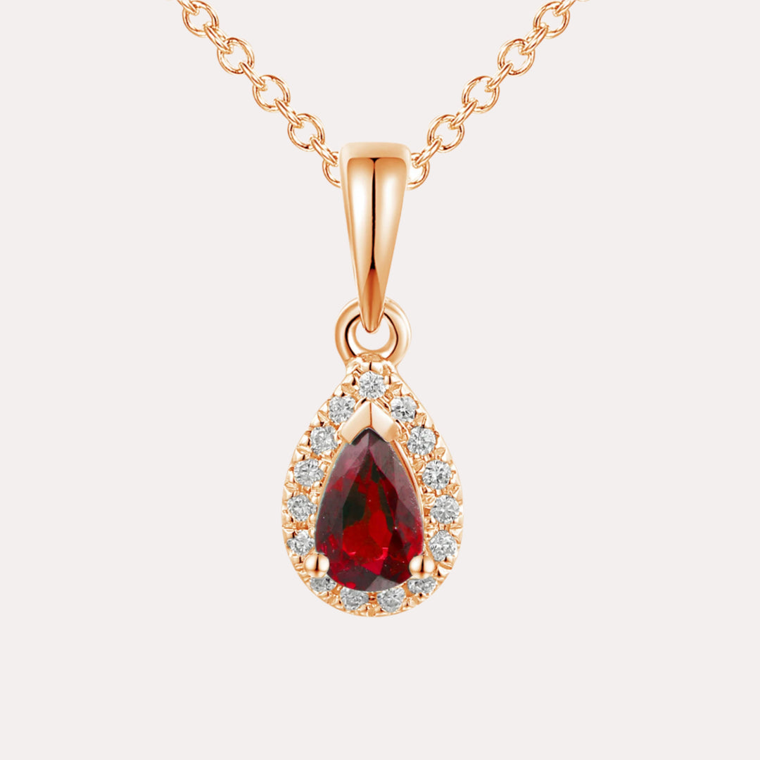 Pear Ruby Halo Pendant Necklace In 18K Gold