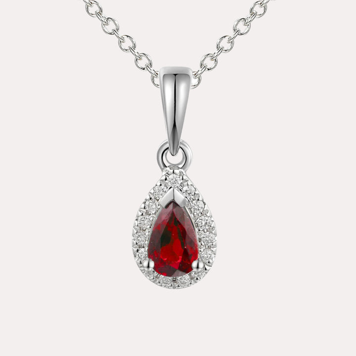 Pear Ruby Halo Pendant Necklace In 18K Gold