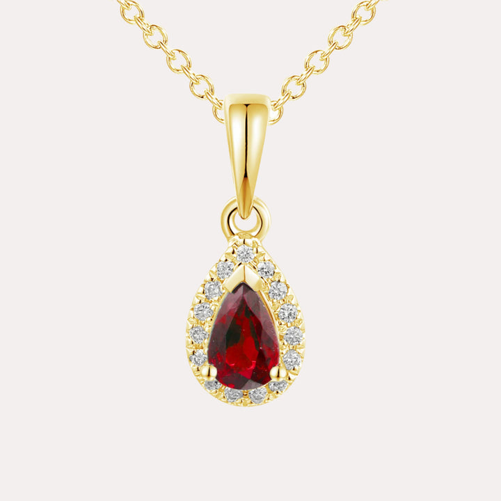 Pear Ruby Halo Pendant Necklace In 18K Gold