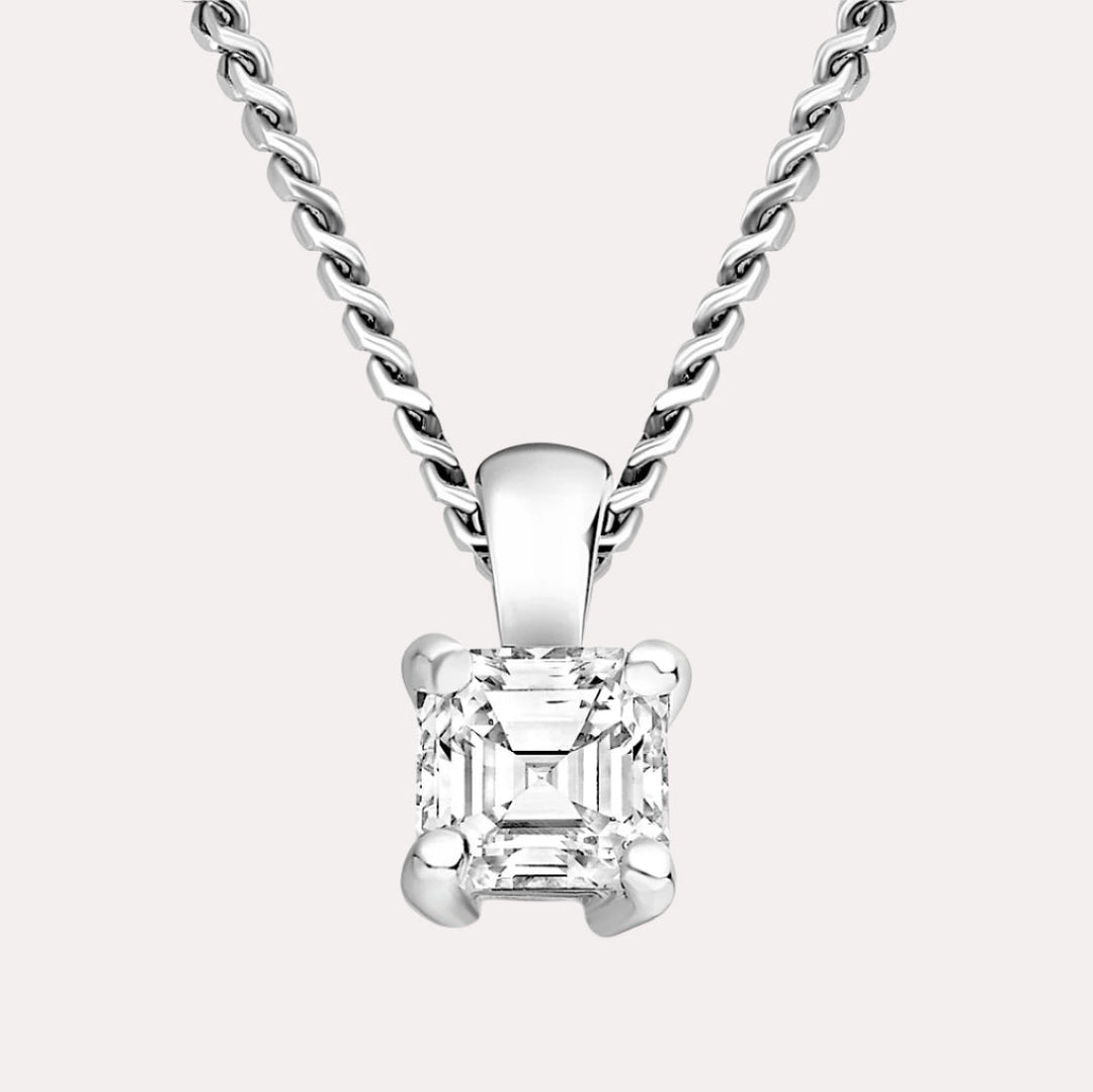 Asscher 4 Claw Solitaire Diamond Pendant Necklace In 18K White Gold