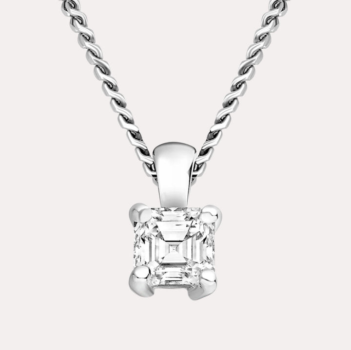 Asscher 4 Claw Solitaire Diamond Pendant Necklace In 18K White Gold