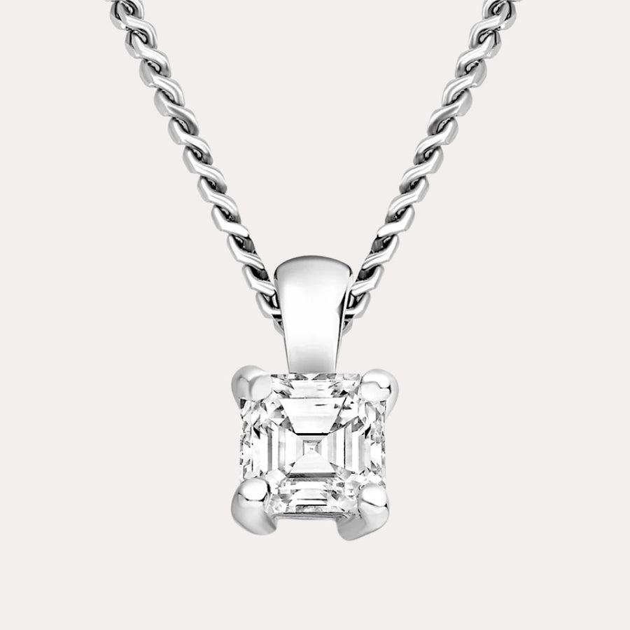 Asscher 4 Claw Solitaire Diamond Pendant Necklace In 18K White Gold