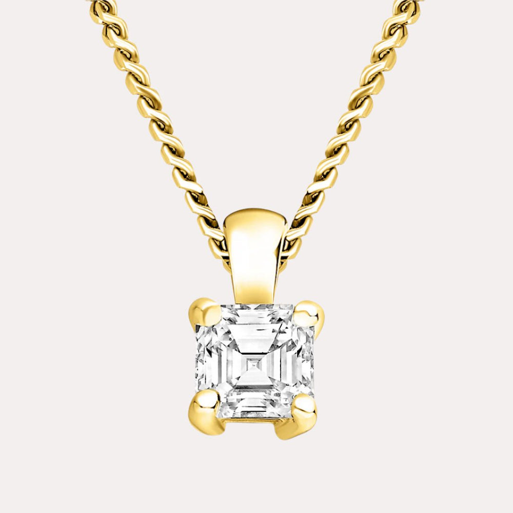 Asscher 4 Claw Solitaire Diamond Pendant Necklace In 18K Yellow Gold