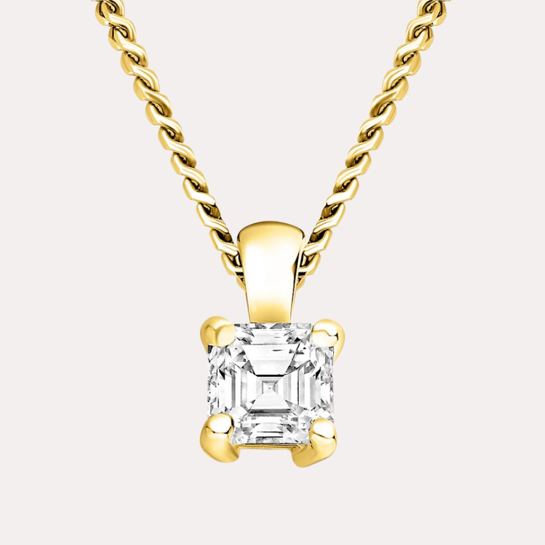 Asscher 4 Claw Solitaire Diamond Pendant Necklace In 18K Yellow Gold