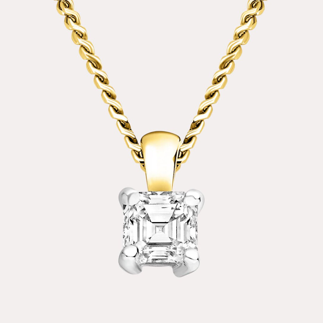 Asscher 4 Claw Solitaire Diamond Pendant Necklace In 18K Yellow & White Gold
