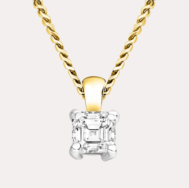 Asscher 4 Claw Solitaire Diamond Pendant Necklace In 18K Yellow & White Gold