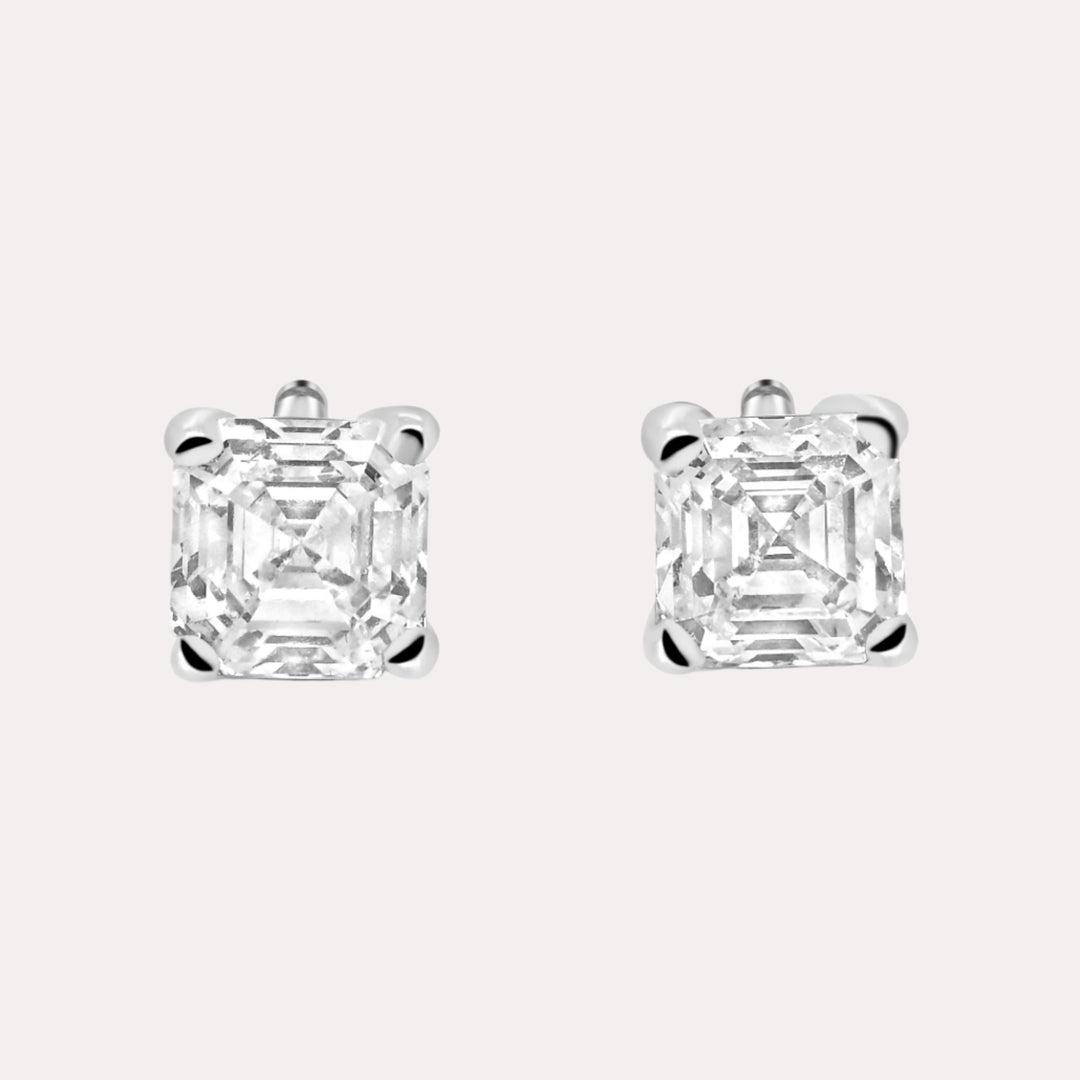Asscher Diamond Stud Earrings In 18K White Gold 