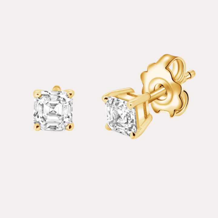 Asscher Diamond Stud Earrings In 18K Yellow Gold