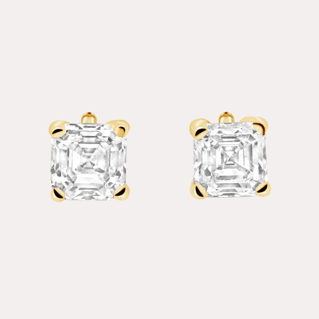 Asscher Diamond Stud Earrings In 18K Yellow Gold