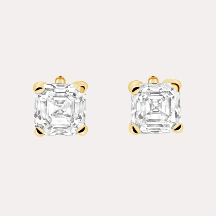 Asscher Diamond Stud Earrings In 18K Yellow Gold