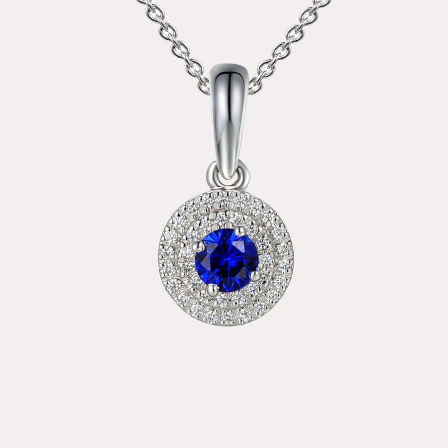 Blue Sapphire & Diamond Double Halo Pendant Necklace In 18K Gold - The Jewelyst. - Blue Sapphire & Diamond Double Halo Pendant Necklace In 18K Gold