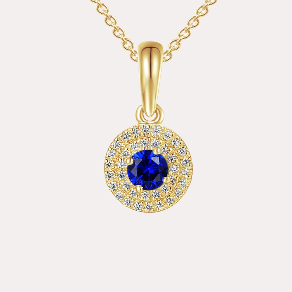 Blue Sapphire & Diamond Double Halo Pendant Necklace In 18K Gold - The Jewelyst. - Blue Sapphire & Diamond Double Halo Pendant Necklace In 18K Gold