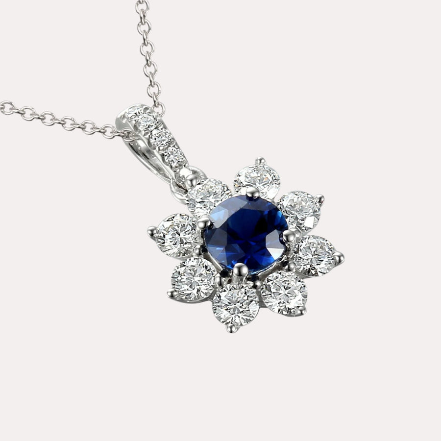 Blue Sapphire & Diamond Halo Flower Pendant Necklace In 18K Gold - The Jewelyst. - Blue Sapphire & Diamond Halo Flower Pendant Necklace In 18K Gold