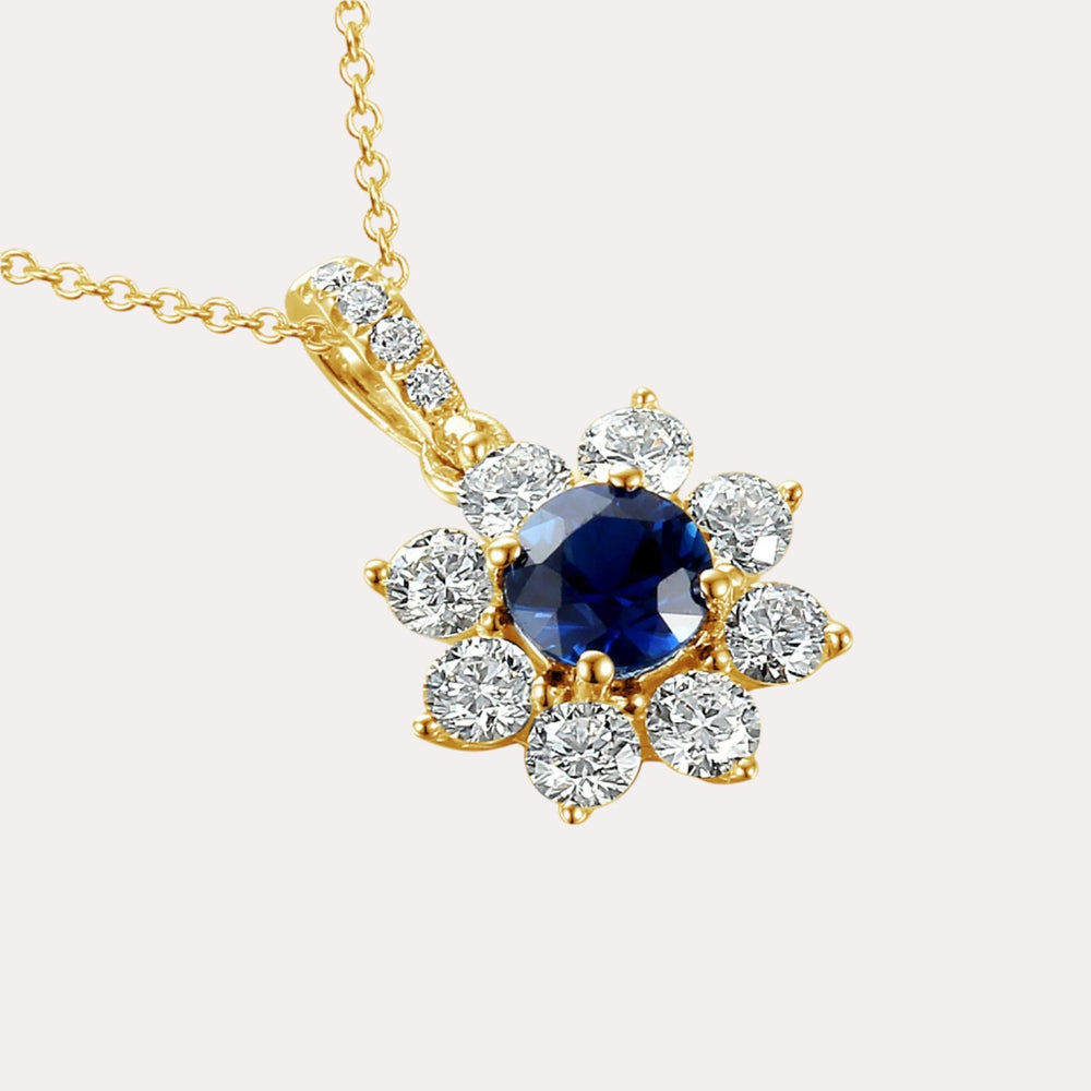 Blue Sapphire & Diamond Halo Flower Pendant Necklace In 18K Gold - The Jewelyst. - Blue Sapphire & Diamond Halo Flower Pendant Necklace In 18K Gold
