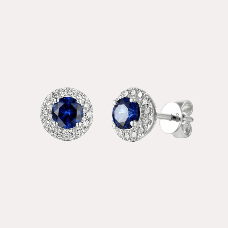 Blue Sapphire Halo Earrings In 18K Gold - The Jewelyst. - Blue Sapphire Halo Earrings In 18K Gold
