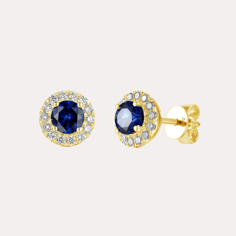 Blue Sapphire Halo Earrings In 18K Gold - The Jewelyst. - Blue Sapphire Halo Earrings In 18K Gold