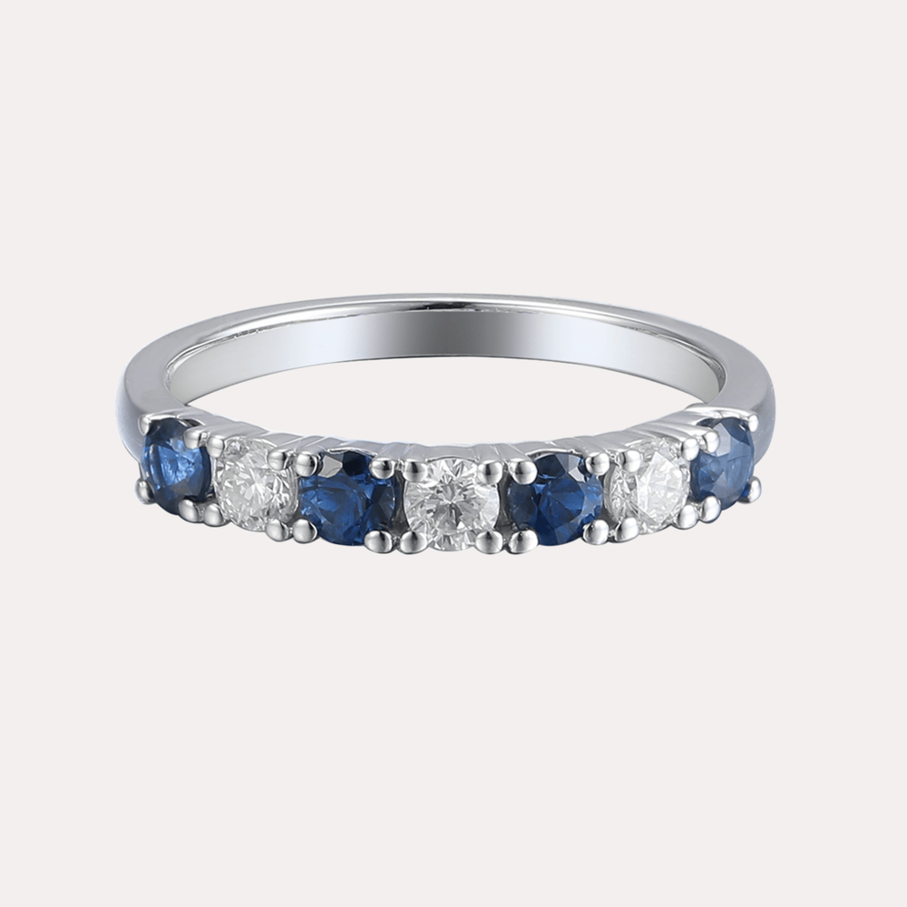 Blue Sapphire & Round Brilliant Cut 7 Stone Eternity Ring - The Jewelyst. - Blue Sapphire & Round Brilliant Cut 7 Stone Eternity Ring