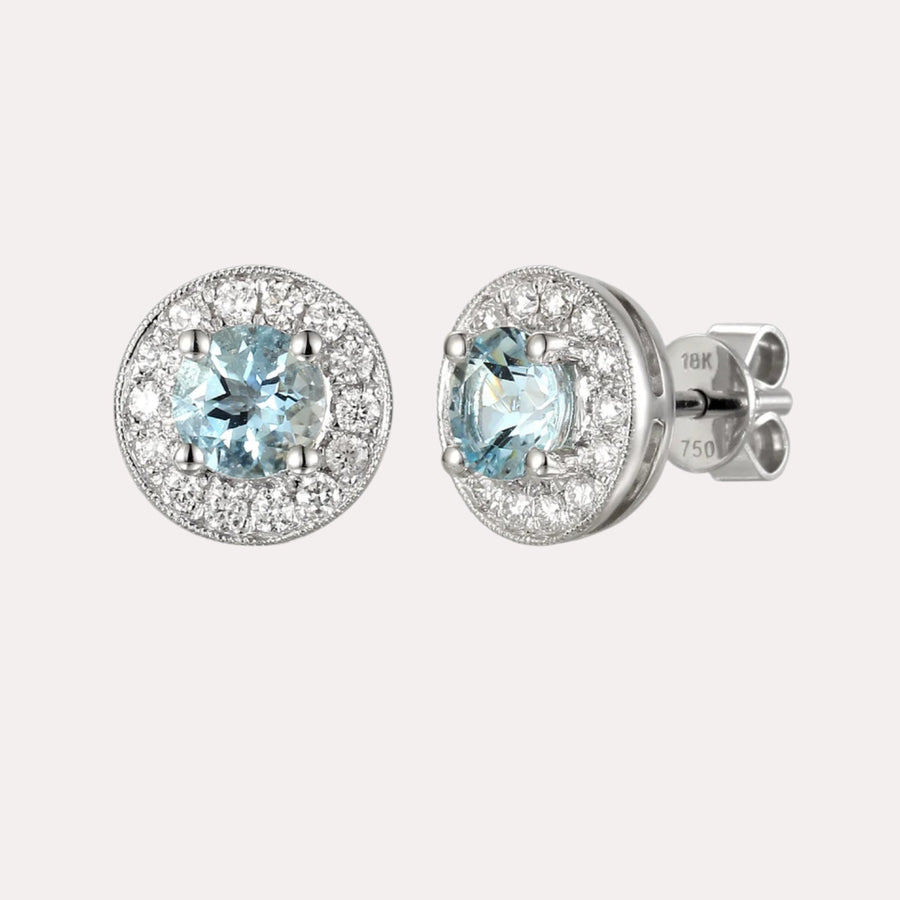 Cirelle Aquamarine Halo Earrings In 18K Gold - The Jewelyst. - Cirelle Aquamarine Halo Earrings In 18K Gold