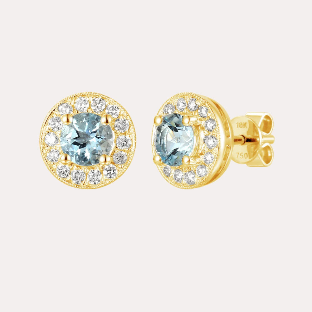 Cirelle Aquamarine Halo Earrings In 18K Gold - The Jewelyst. - Cirelle Aquamarine Halo Earrings In 18K Gold