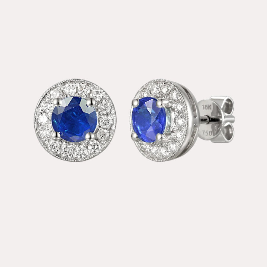 Cirelle Blue Sapphire Halo Earrings In 18K Gold - The Jewelyst. - Cirelle Blue Sapphire Halo Earrings In 18K Gold
