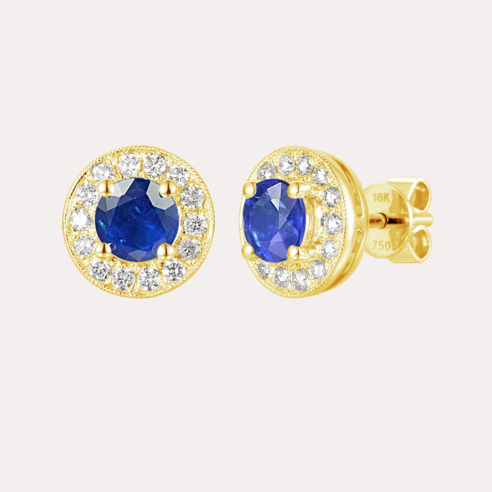 Cirelle Blue Sapphire Halo Earrings In 18K Gold - The Jewelyst. - Cirelle Blue Sapphire Halo Earrings In 18K Gold