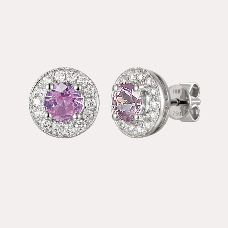 Cirelle Pink Sapphire Halo Earrings In 18K Gold - The Jewelyst. - Cirelle Pink Sapphire Halo Earrings In 18K Gold