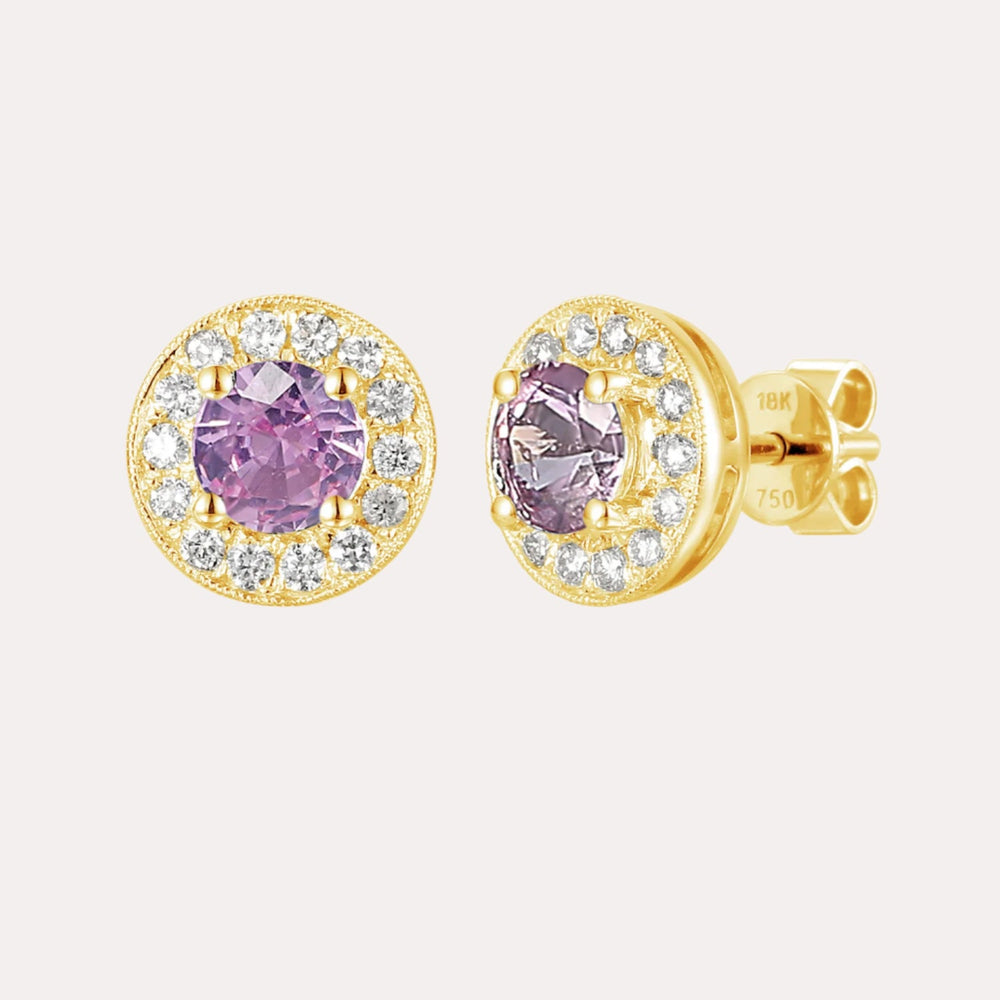 Cirelle Pink Sapphire Halo Earrings In 18K Gold - The Jewelyst. - Cirelle Pink Sapphire Halo Earrings In 18K Gold