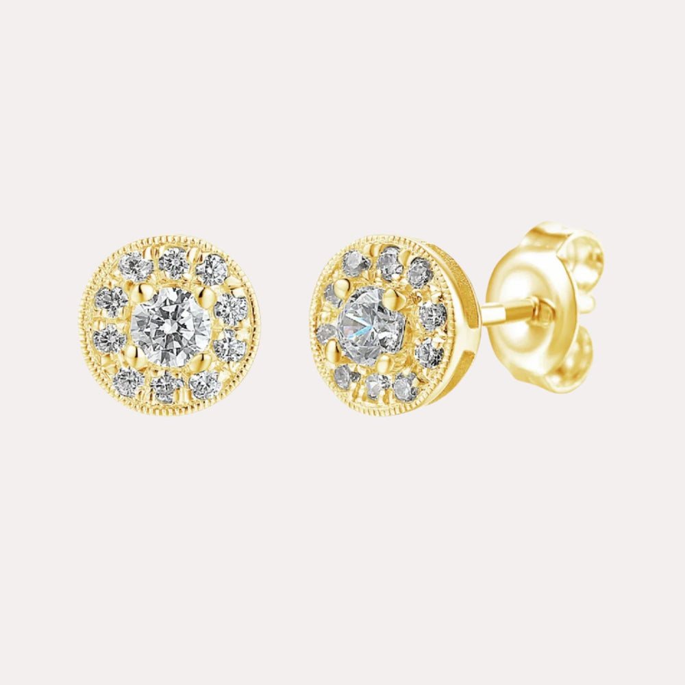 Cirelle Round Diamond Halo Earrings In 18K Gold - The Jewelyst. - Cirelle Round Diamond Halo Earrings In 18K Gold