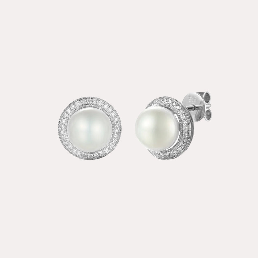 Classic Round Pearl Halo Earrings In 18K Gold - The Jewelyst. - Classic Round Pearl Halo Earrings In 18K Gold