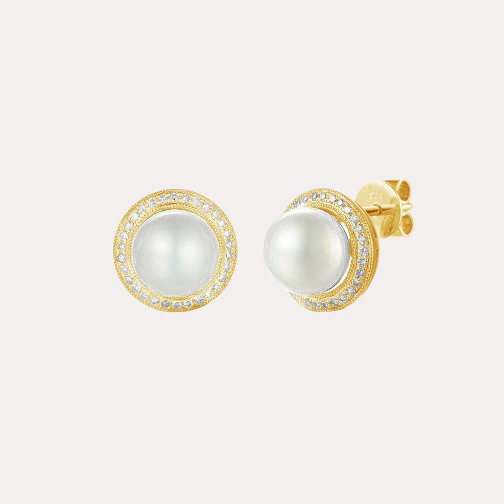 Classic Round Pearl Halo Earrings In 18K Gold - The Jewelyst. - Classic Round Pearl Halo Earrings In 18K Gold