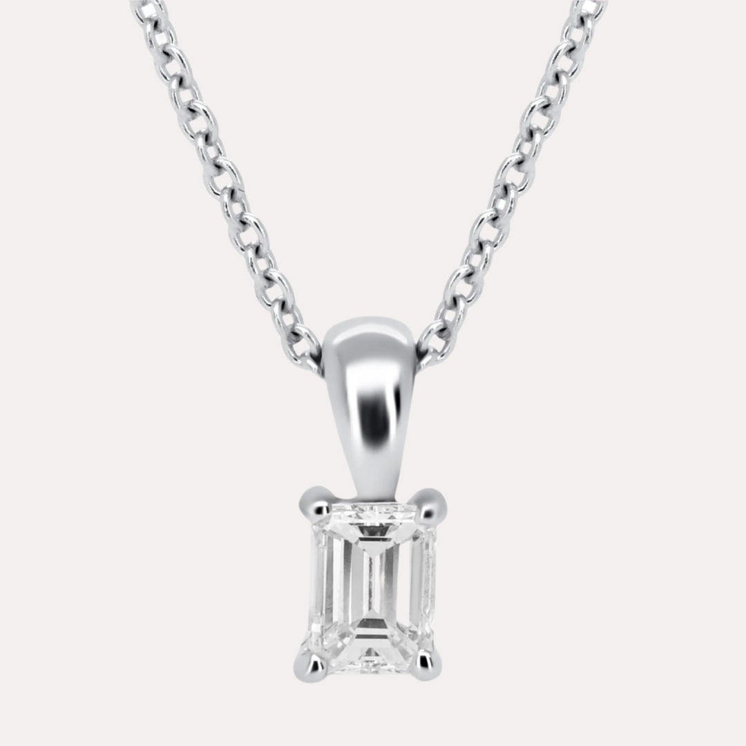 Emerald Cut Solitaire Diamond Pendant Necklace In 18K White Gold