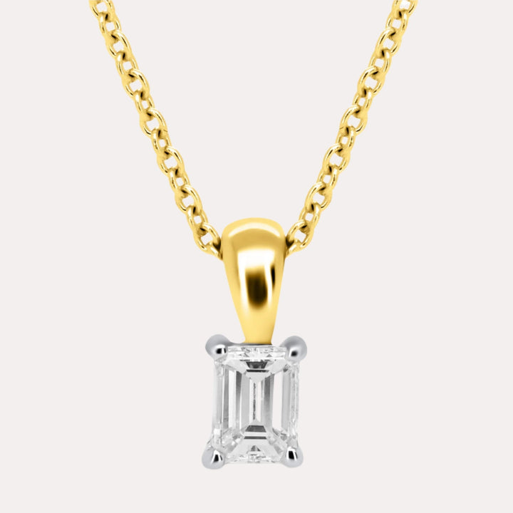 Emerald Cut Solitaire Diamond Pendant Necklace In 18K Yellow & White Gold
