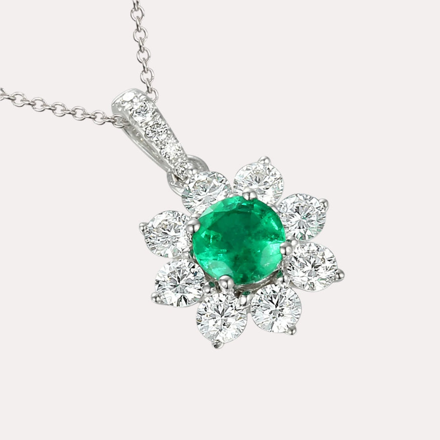 Emerald & Diamond Halo Flower Pendant Necklace In 18K Gold - The Jewelyst. - Emerald & Diamond Halo Flower Pendant Necklace In 18K Gold