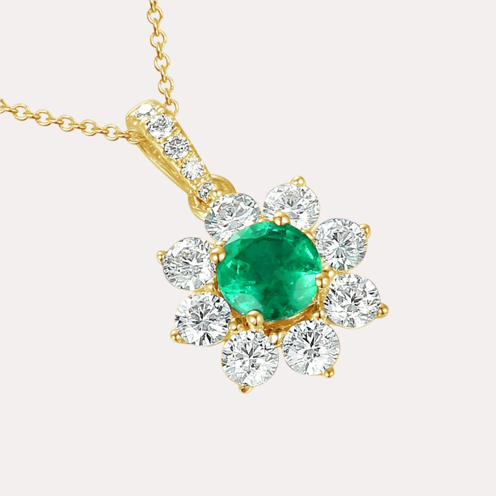 Emerald & Diamond Halo Flower Pendant Necklace In 18K Gold - The Jewelyst. - Emerald & Diamond Halo Flower Pendant Necklace In 18K Gold