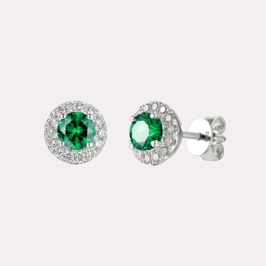 Emerald Halo Earrings In 18K Gold - The Jewelyst. - Emerald Halo Earrings In 18K Gold