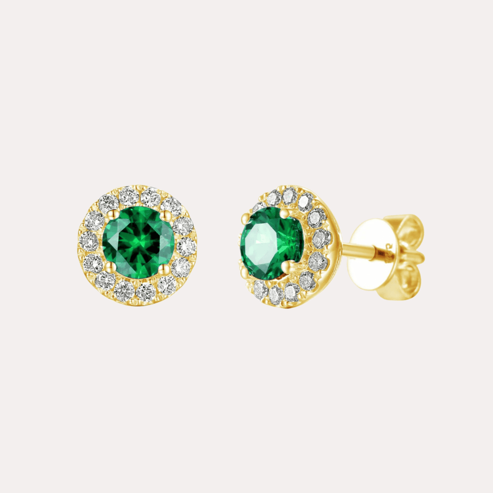 Emerald Halo Earrings In 18K Gold - The Jewelyst. - Emerald Halo Earrings In 18K Gold